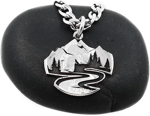 Hand Cut Mountain Trail Necklace, Tiny Wolf on the Bluff, Forest Trees, Hiking Nature Jewelry, Engraved US Coin, By NameCoins