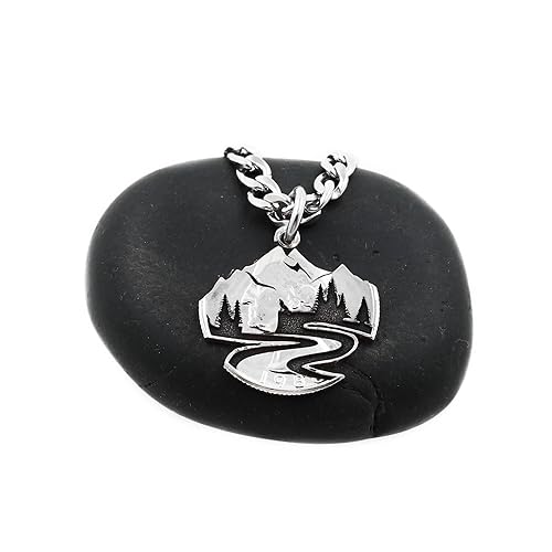 Hand Cut Mountain Trail Necklace, Tiny Wolf on the Bluff, Forest Trees, Hiking Nature Jewelry, Engraved US Coin, By NameCoins