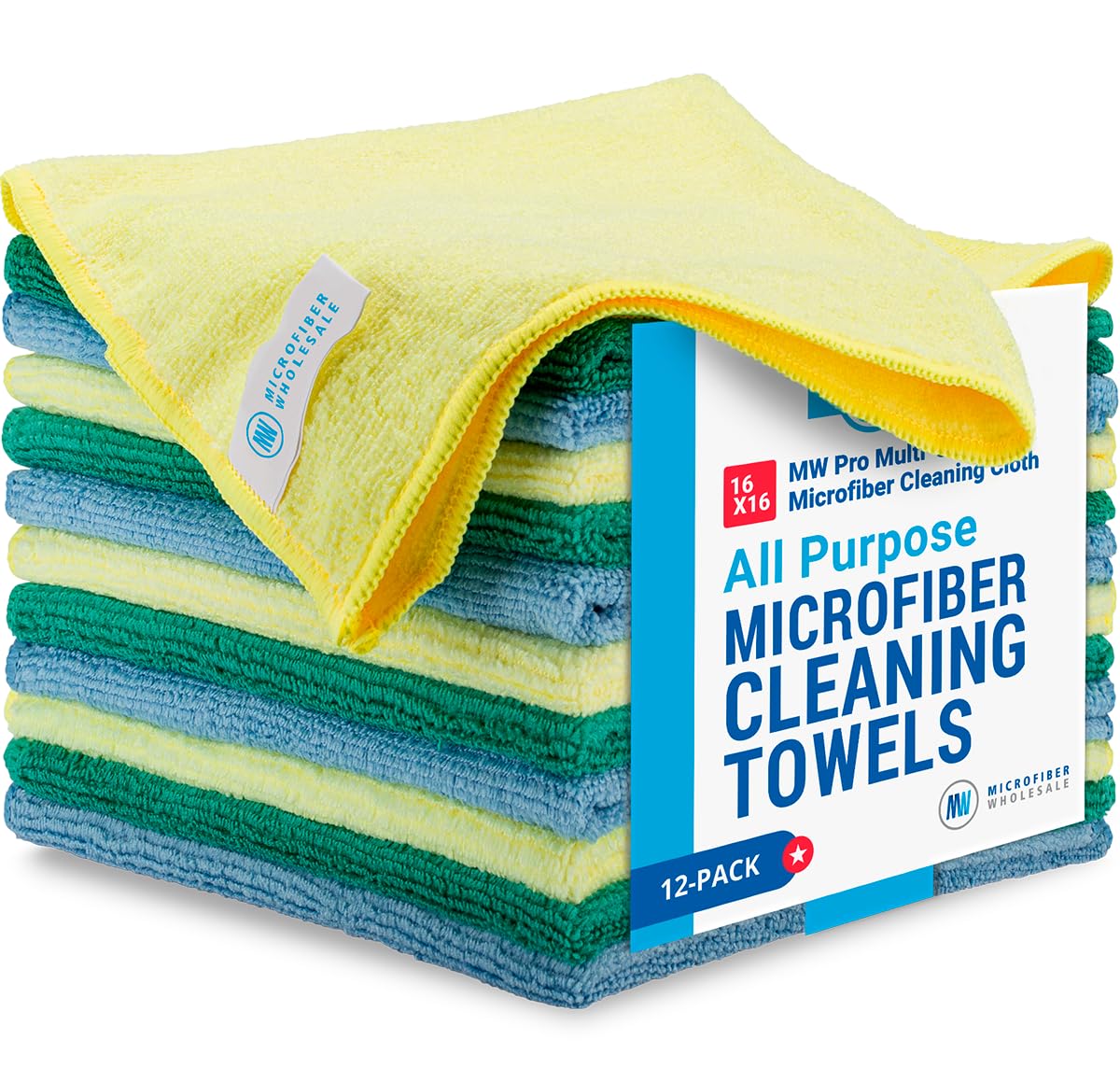 MW Pro Microfiber Cleaning Cloth | Blue, Green, Yellow (12 Pack) | Size 16" x 16" | All Purpose Microfiber Towels - Clean, Dust, Polish, Scrub, Absorbent