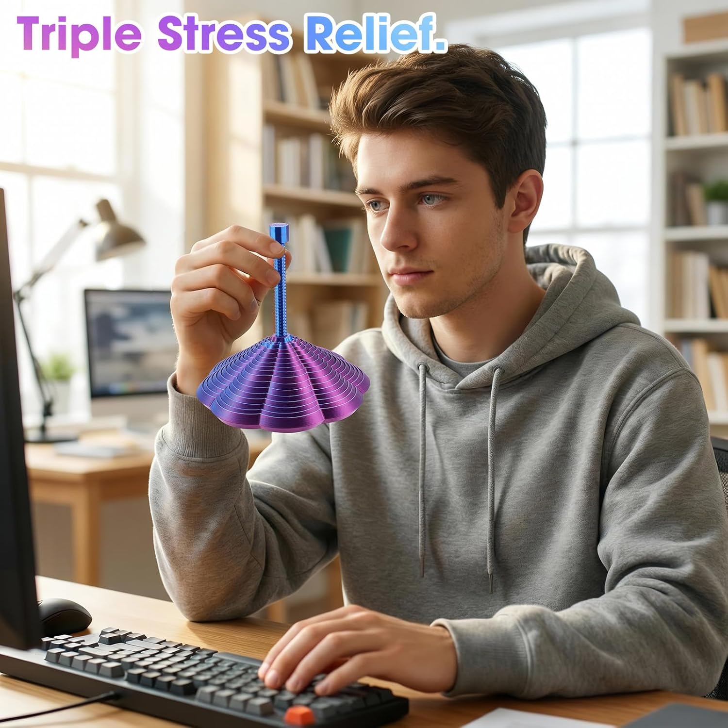 Upgraded 3D Printed Star Fidget Toy Adults with Detachable Handle, Dual Motion Sensory Toy with Auditory Feedback, Color-Changing Spiral for Relief and Focus, Gift for ADHD and Office Desk (2pack)