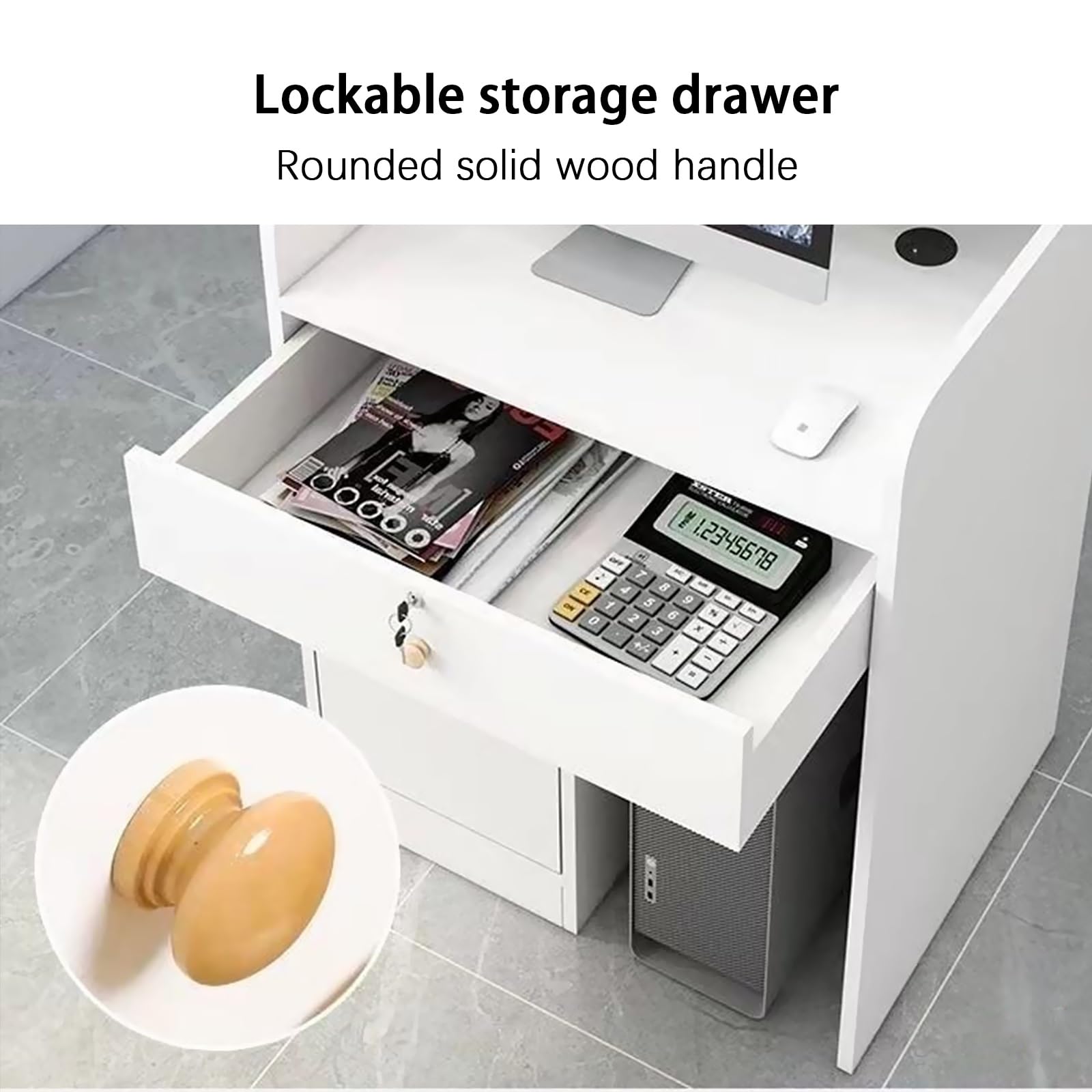 Piccolo banco reception, tavolo reception moderno, con cassetto chiudibile a chiave e armadio con anta, for salone, negozio, hotel, ufficio(White,60cm)