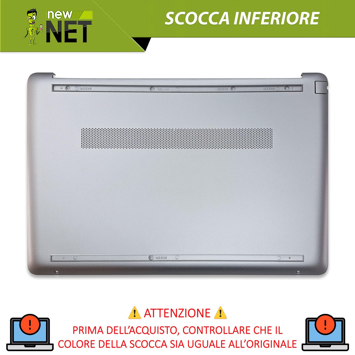 new net - Scocca Inferiore Cover Bottom Case Chassis Compatibile con HP 15-dw0119nl, 15-dw0120nl, 15-dw0122nl, 15-dw0123nl, 15-dw0124nl, 15-dw0125nl, 15-dw0129nl, 15-dw0133nl Silver