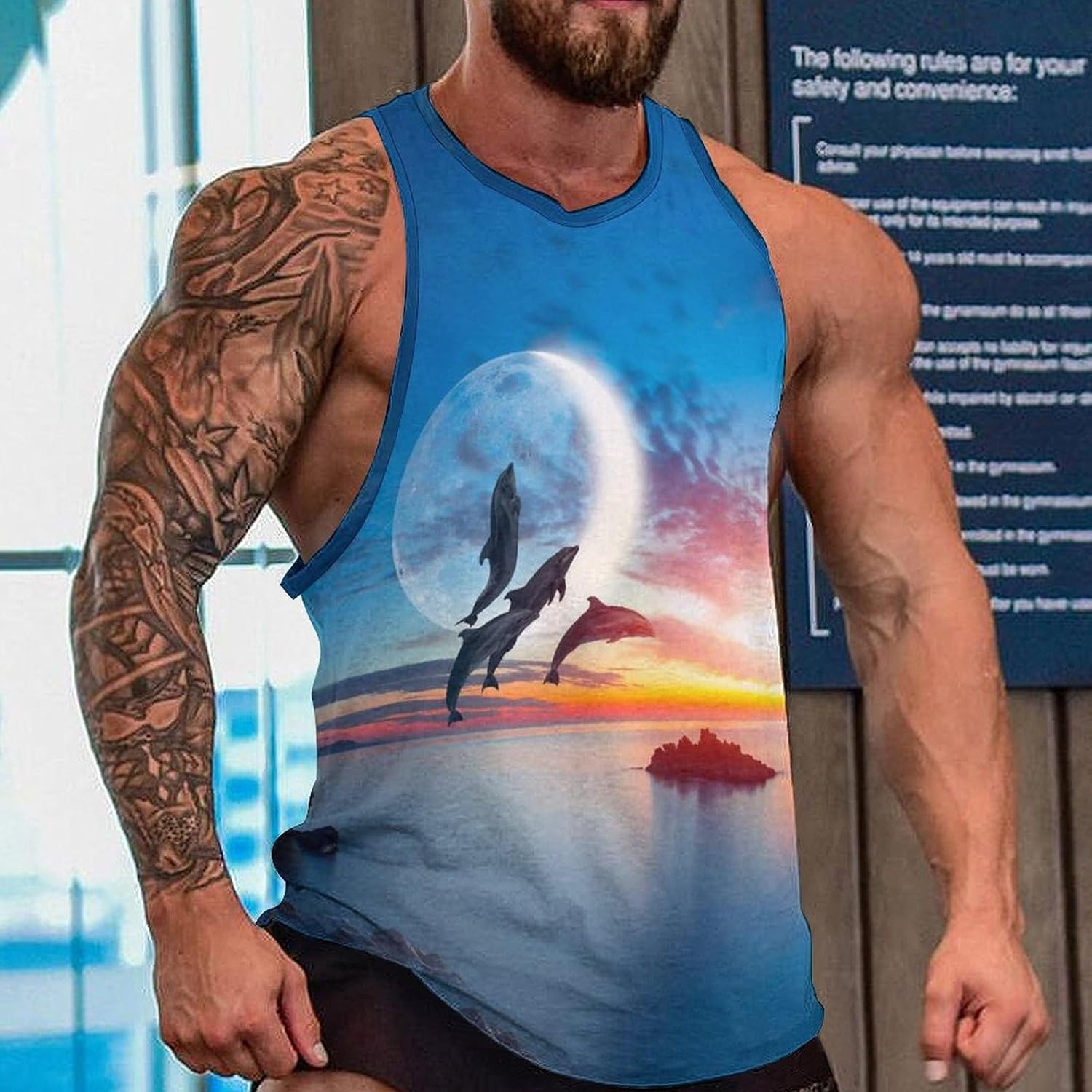 Beautiful Dolphin with Sunset Mens Tank Tops Sleeveless Muscle Shirts Beach Casual Gym Shirt Vest Tee Tops