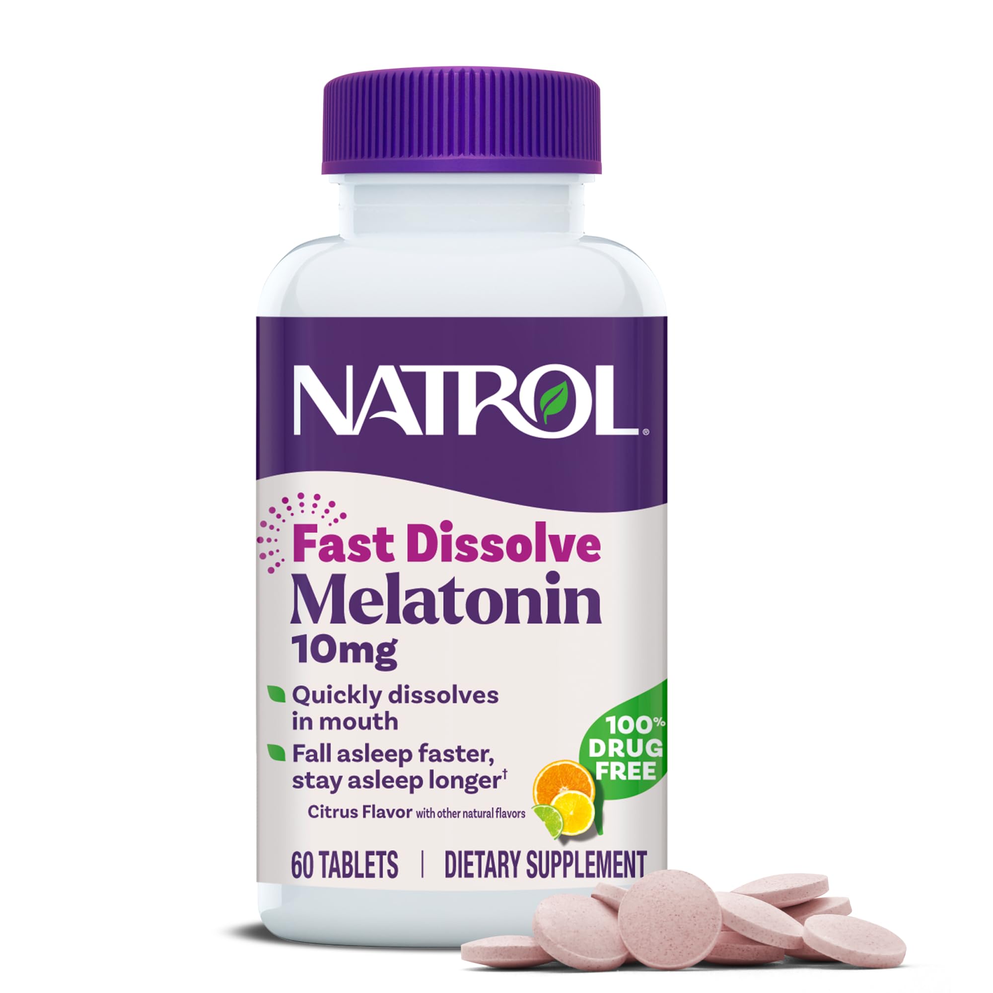 Natrol Fast Dissolve Melatonin 10 mg, Melatonin Supplements for Restful Sleep, Sleep Support for Adults, 60 Citrus-Flavored Tablets, Up to a 60 Day Supply