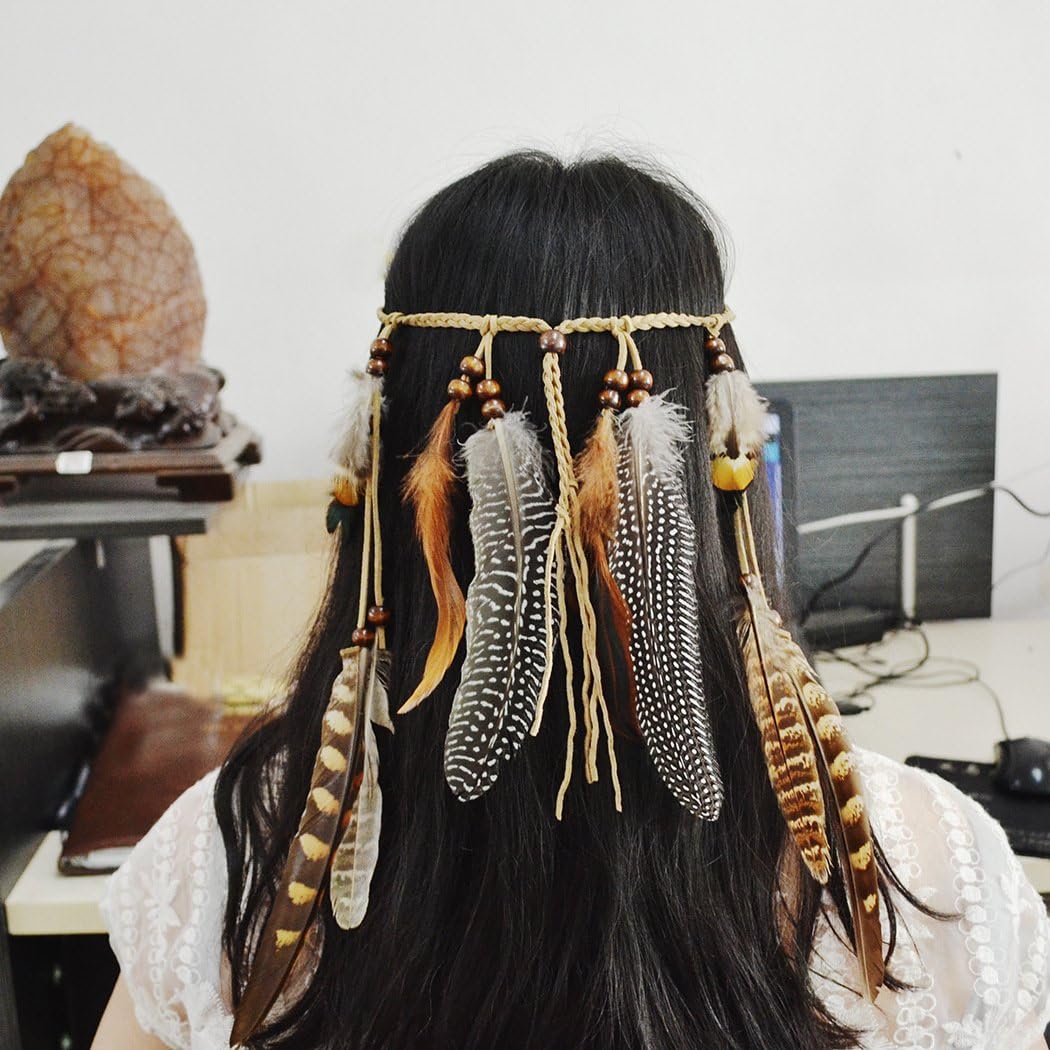 BuxiuGK Indian Headdress Hippie Boho Feather Tassel Headband Hair Accessories for Women Girl Party Festival,1# - Image 5