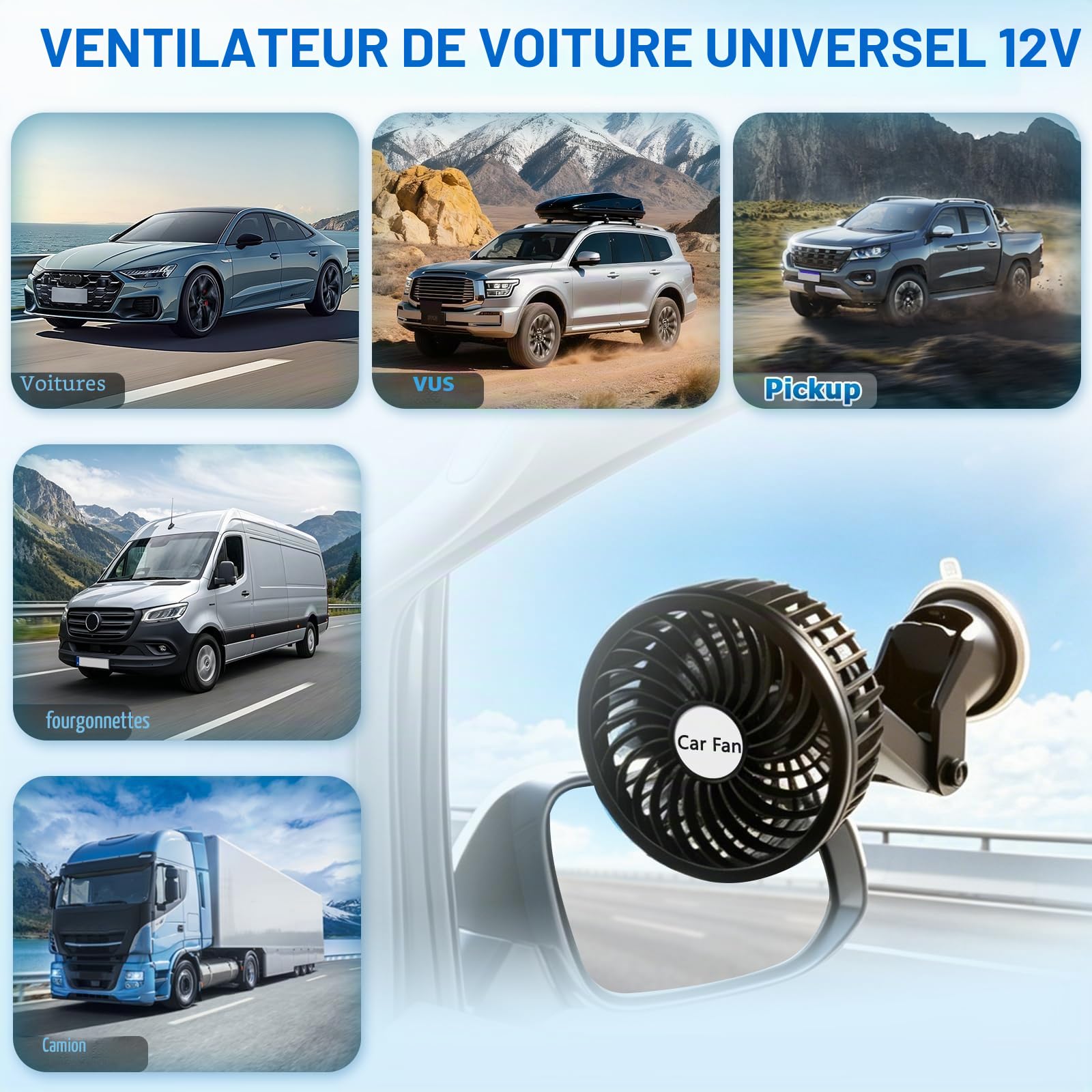 D-Lumina Ventilateur de voiture rotatif à 360°, montage sur allume-cigare, portable, silencieux, avec 2 vitesses réglables pour camions, bateaux, voitures, véhicules (ventouse), climatiseur d'air pour