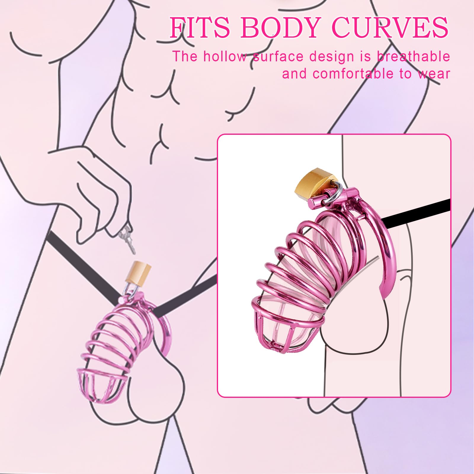Gabbia Per Pene - Chastity Cage Con Cintura Di Castità, Gabbia Di Castità Uomo Anelli In 3 Misure (4 cm, 4,5 cm, 5 cm) Cock Cage Lilla In Metallo, Gabbia Pene Bondage BDSM Sex Toy Per Uomini