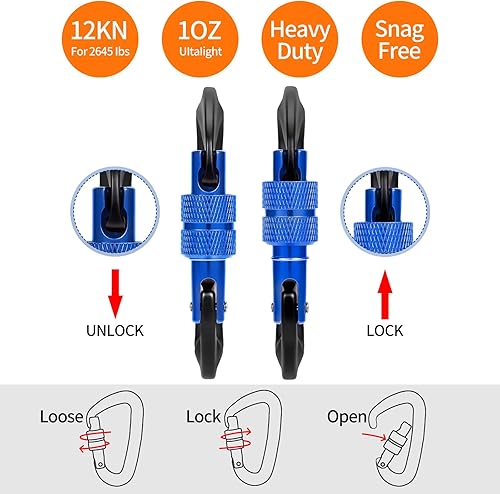 Miniatura 12 de Clips de mosquetón resistentes de 12 kN (2697 libras) - Mosquetones de bloqueo ligeros para camping, senderismo, hamaca, arnés de correa de perro