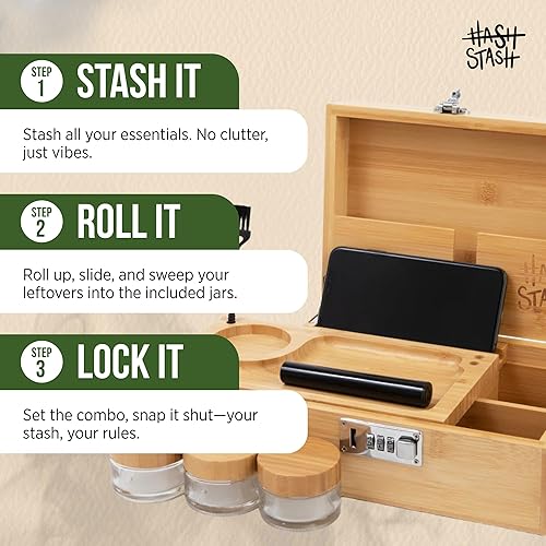Miniatura 4 de La Caja de Almacenamiento OG - Caja Grande de Bambú con Cerradura de Combinación, Tapa Magnética, Bandeja Organizadora, Tubo Hermético y 3 Frascos a