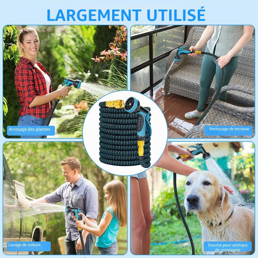 Tuyau d'Arrosage Extensible 30m, Flexible＆Léger, Tuyau d’Eau Réglable avec 1/2'' et 3/4'' Raccords, 10 Modes d'Arrosage pour Jardin, Irrigation, Nettoyage, Lavage de Voiture, Bain d'Animaux