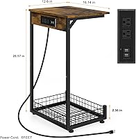 Vista 2 de smusei Mesa auxiliar en forma de C con estación de carga, mesa auxiliar estrecha para espacios pequeños con puertos USB y tomas de corriente, sofá