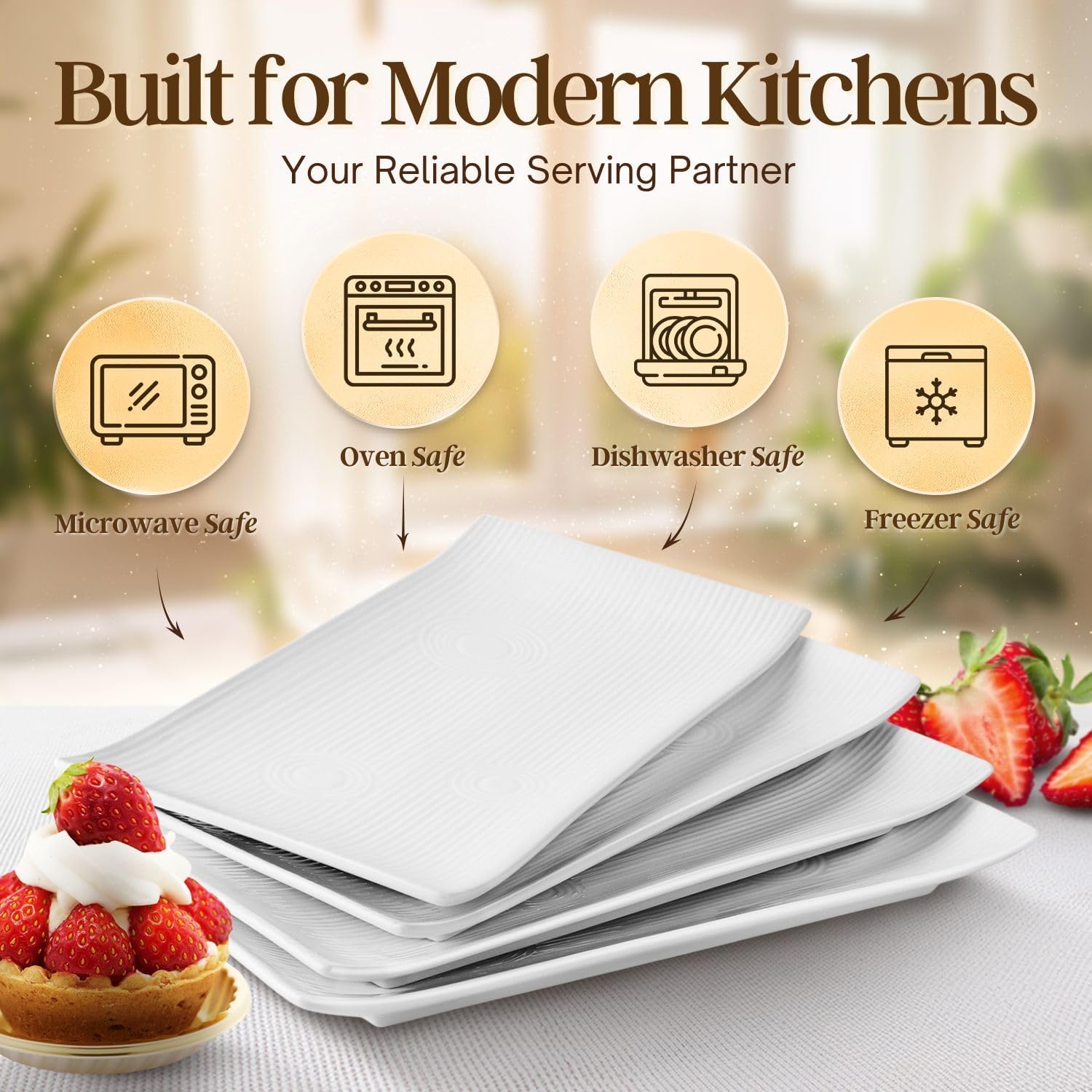 Flexzion White Serving Platters - 4 Pack Rectangular Serving Plate - 10 Inch Long Rectangle Ceramic Serving Platter Set for Appetizer, Meat, Bread, Dessert - Microwave, Oven, and Dishwasher Safe