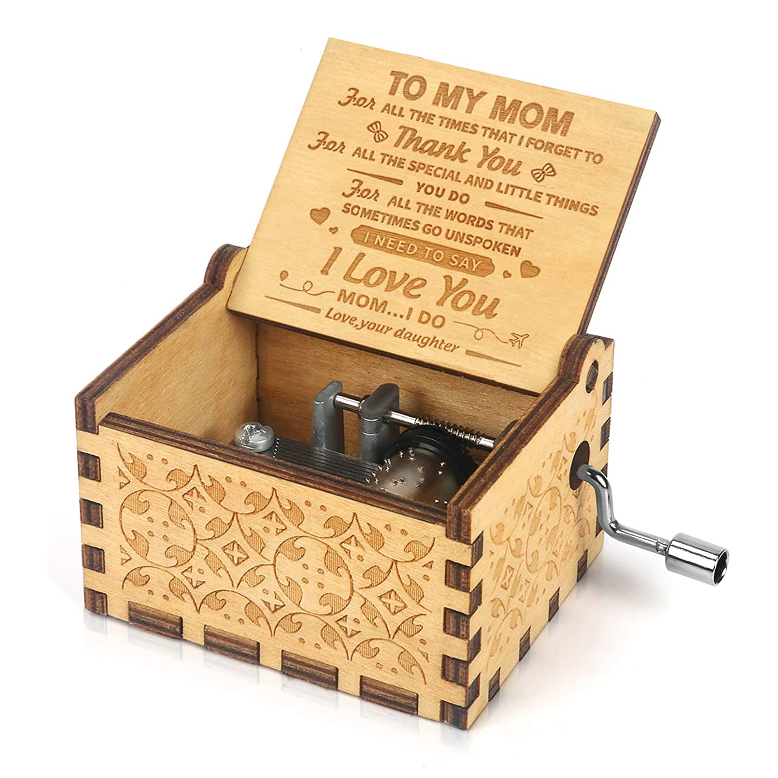 Joyzzz Wood Music Box, Laser Engraved Vintage Wooden Hand Crank Musical Box, You Are My Sunshine Musical Box, Personalizable Music Box Gift for Mom from Daughter