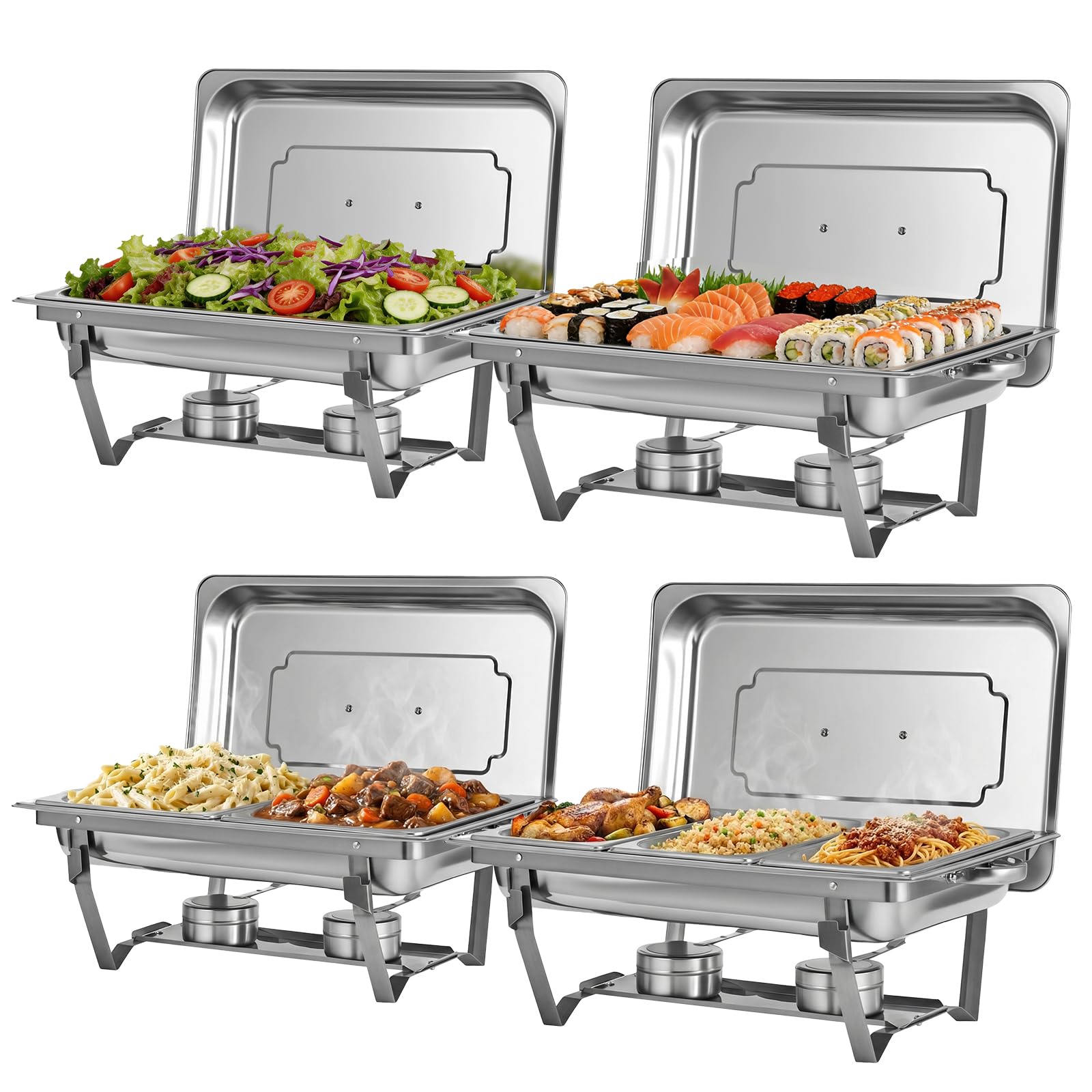 Chafing Dishes für Buffet 9 QT 4er Pack 7 Behälter, [Behälter in verschiedenen Größen] Catering-Chafing-Dish mit Deckeln, Behältern und Brennstoffhaltern – Buffet-Wärmer [Robust und langlebig] für Par