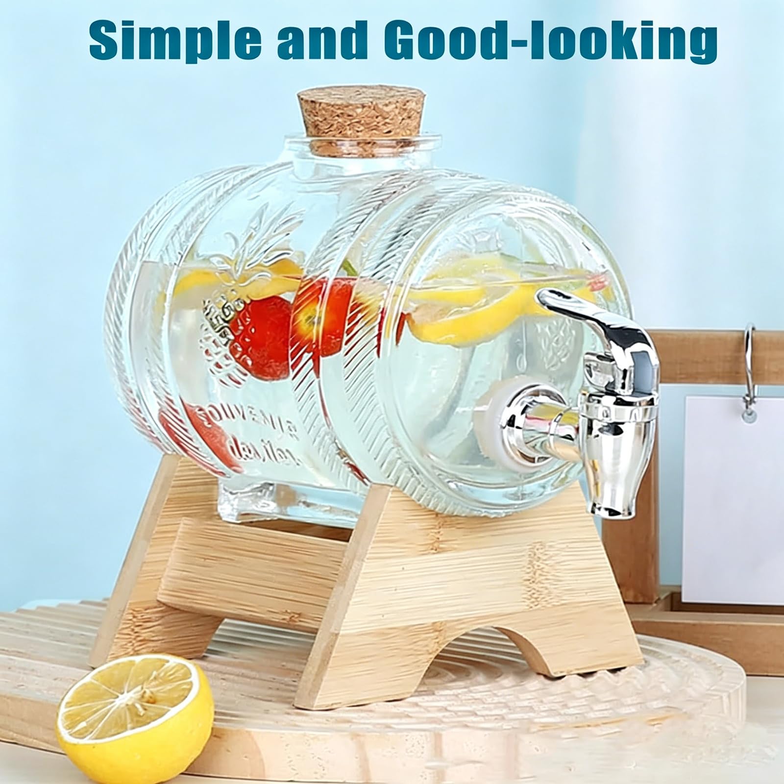 Dozownik wody ze szkła 1L/3L/5L z kranikiem, stojakiem i korkowymi nakrętkami, 100% szczelny dozownik lemoniady, przezroczyste szklane słoiki do biura, na kemping, soki i napoje 1L