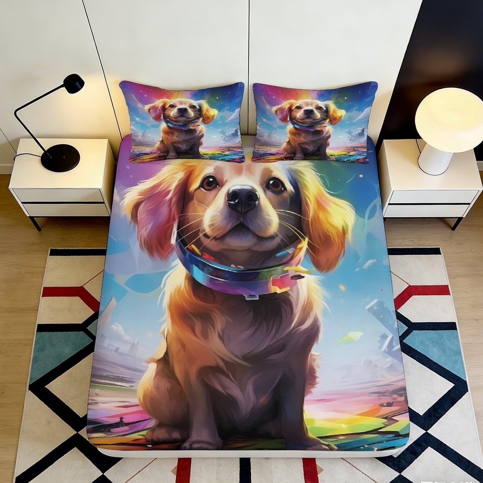 3D Printed Golden Retriever Fitted Sheet Microfiber Colorful Dog Art Bed Cover Anti-Slip Easy Care for Bedroom Dorm 90x200x25cm