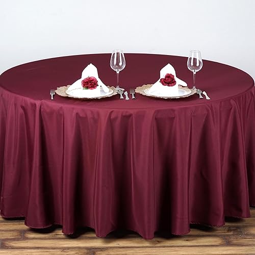 TABLECLOTHSFACTORY Mantel redondo color borgoña de 90 pulgadas, mantel de poliéster, resistente a las manchas y a las arrugas, lavable, para bodas,