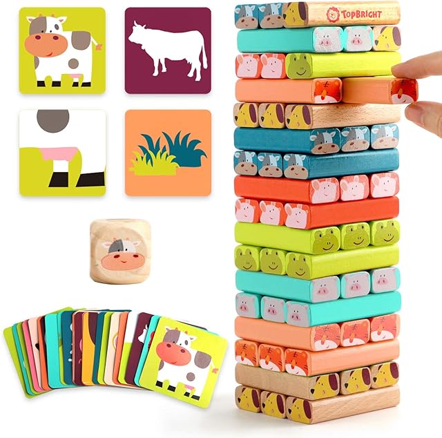 TOP BRIGHT Childrens Board Games for Kids 3 4 5 Year Old Girls Gifts Boy Educational Toys age 3 4, Wooden Stacking Block Tumble Tower Game for Toddler Age 3-8, Construction Learning Toy with 51 Pieces