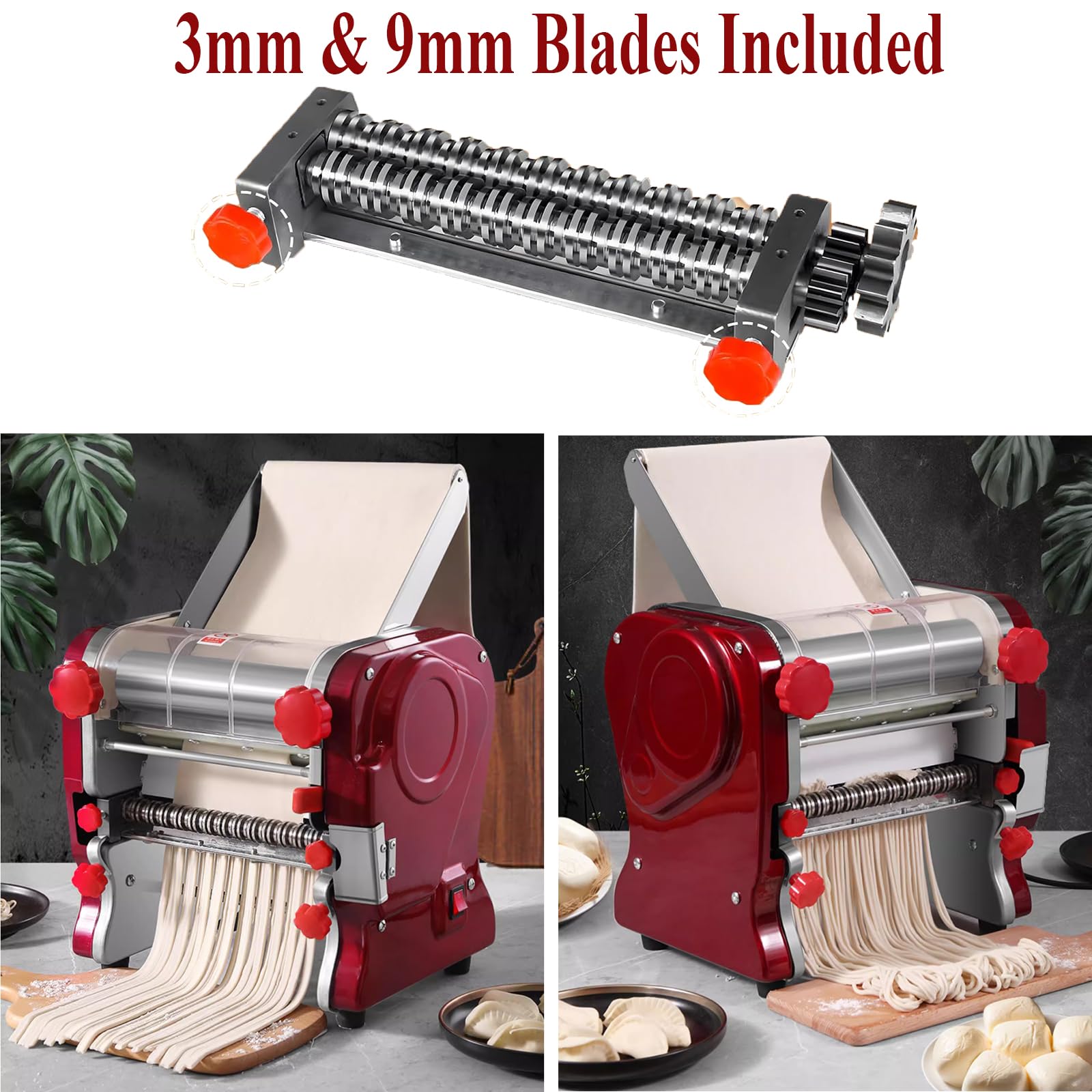 Commercial Pasta Maker - Heavy Duty Electric Noodle Machine with 3mm & 9mm Blades, Adjustable Dough Thickness (0.3-5mm), Stainless Steel, for Home & Restaurant