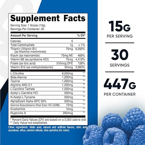 Miniatura 2 de Nutricost Pre-entrenamiento sin estimulaciones, 30 porciones (frambuesa azul) - Sin cafeína, sin estimulantes, sin OMG, sin gluten