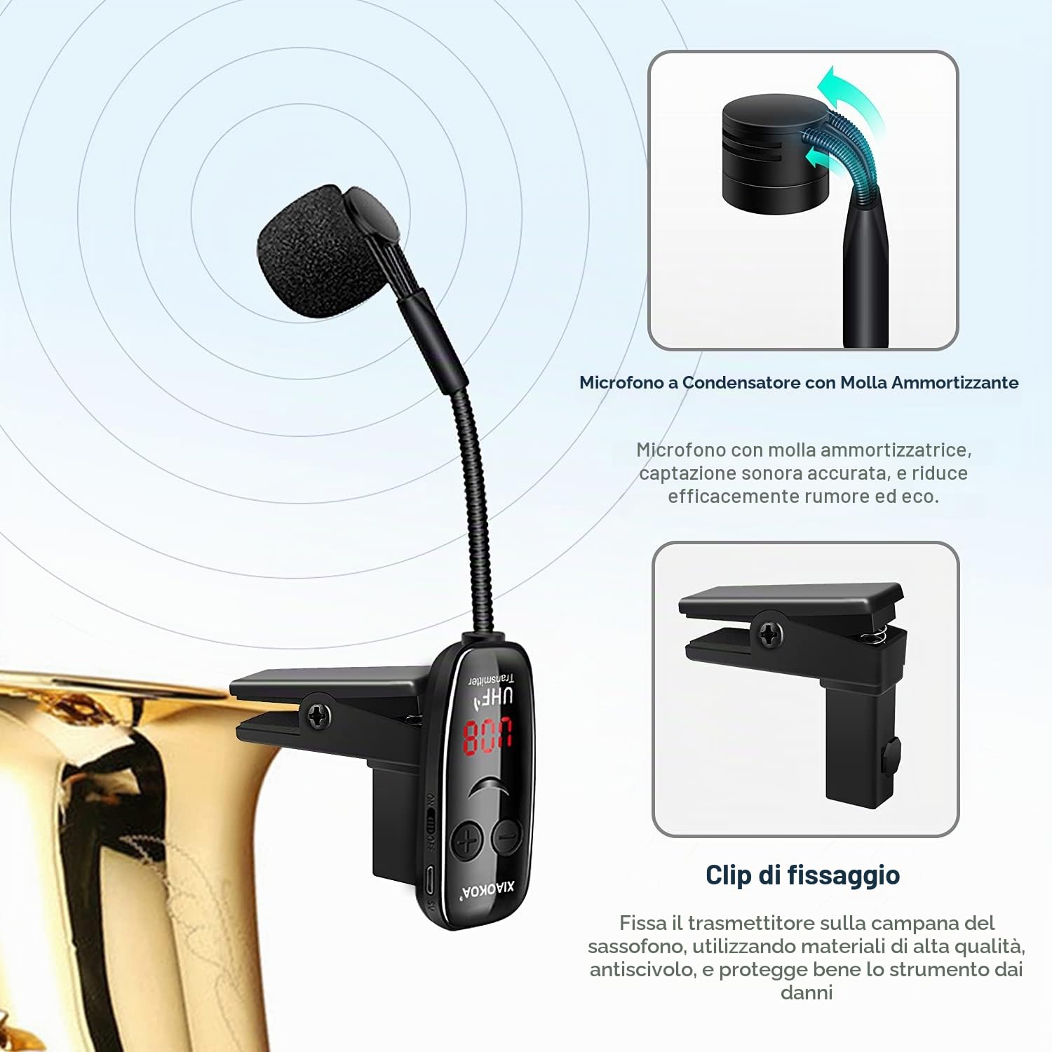 Microfono Senza Fili per Sassofono,UHF Wireless Microphone per Strumenti Musicali,Ricevitore e Trasmettitore Senza fili per Sassofono/Tromba/Trombone/Clarinetto