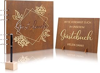 Holz Gästebuch Hochzeit mit Stift & Willkommensschild, Hochzeitsgästebuch Hardcover Fotobuch mit 90 linierten Seiten, Vintage Hochzeitsdeko, Hochzeitsgeschenk für Brautpaar, Gästebuch Geburtstag Taufe
