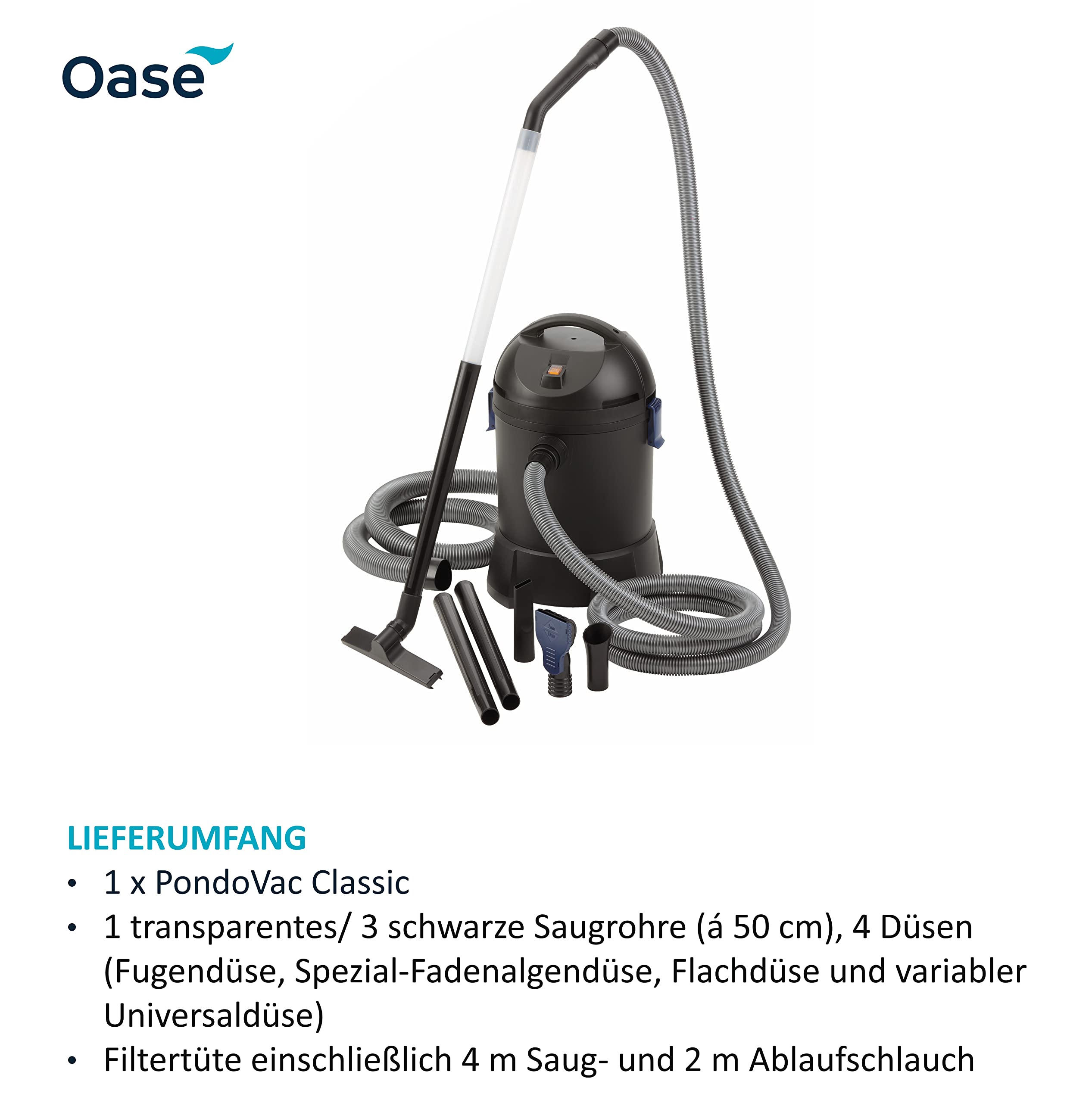 Oase 50529 PondoVac Classic, 1400 W, 3000 l/h - Teichschlammsauger, Reinigung und Wasseraufbereitung inkl. 4 Saugdüsen für für Teiche aller Art und Haushalt
