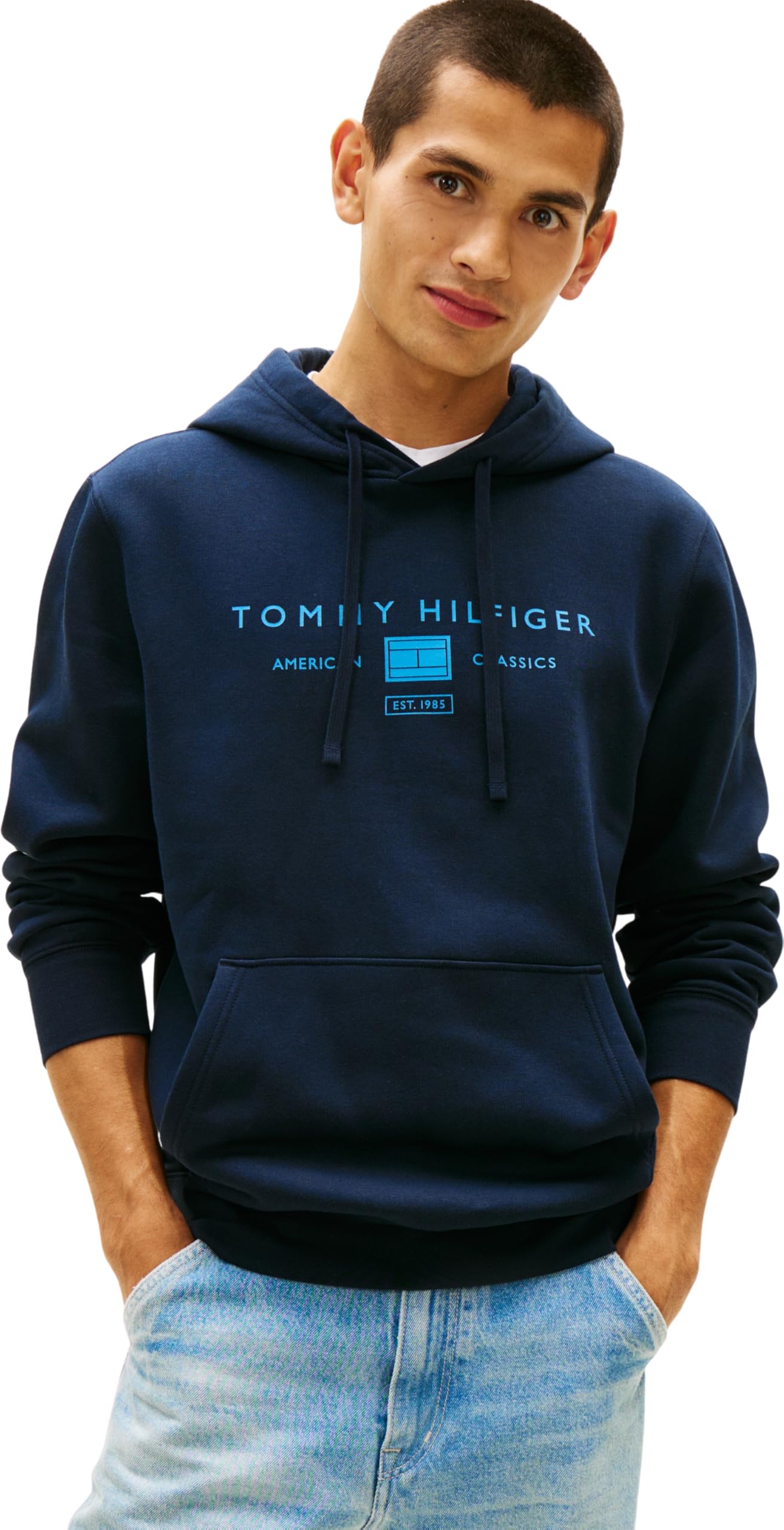 Tommy Hilfiger Men’s Hoodie Brand Love with Kangaroo Pocket, Blue (Desert Sky), XL