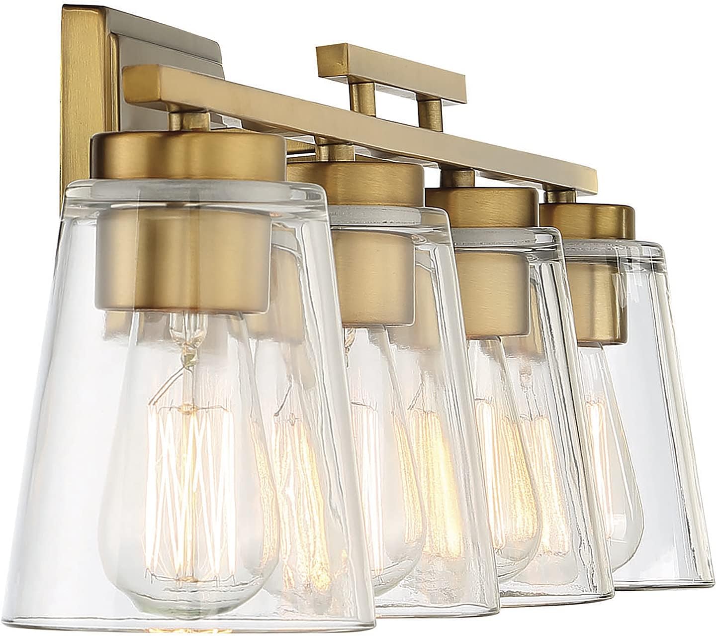 Savoy Essentials 8-1020-4-322 Calhoun Modern Clear Glass Bathroom Vanity Wall Light, 4-Light 240 Total Watts, 9" H x 32" W, Warm Brass