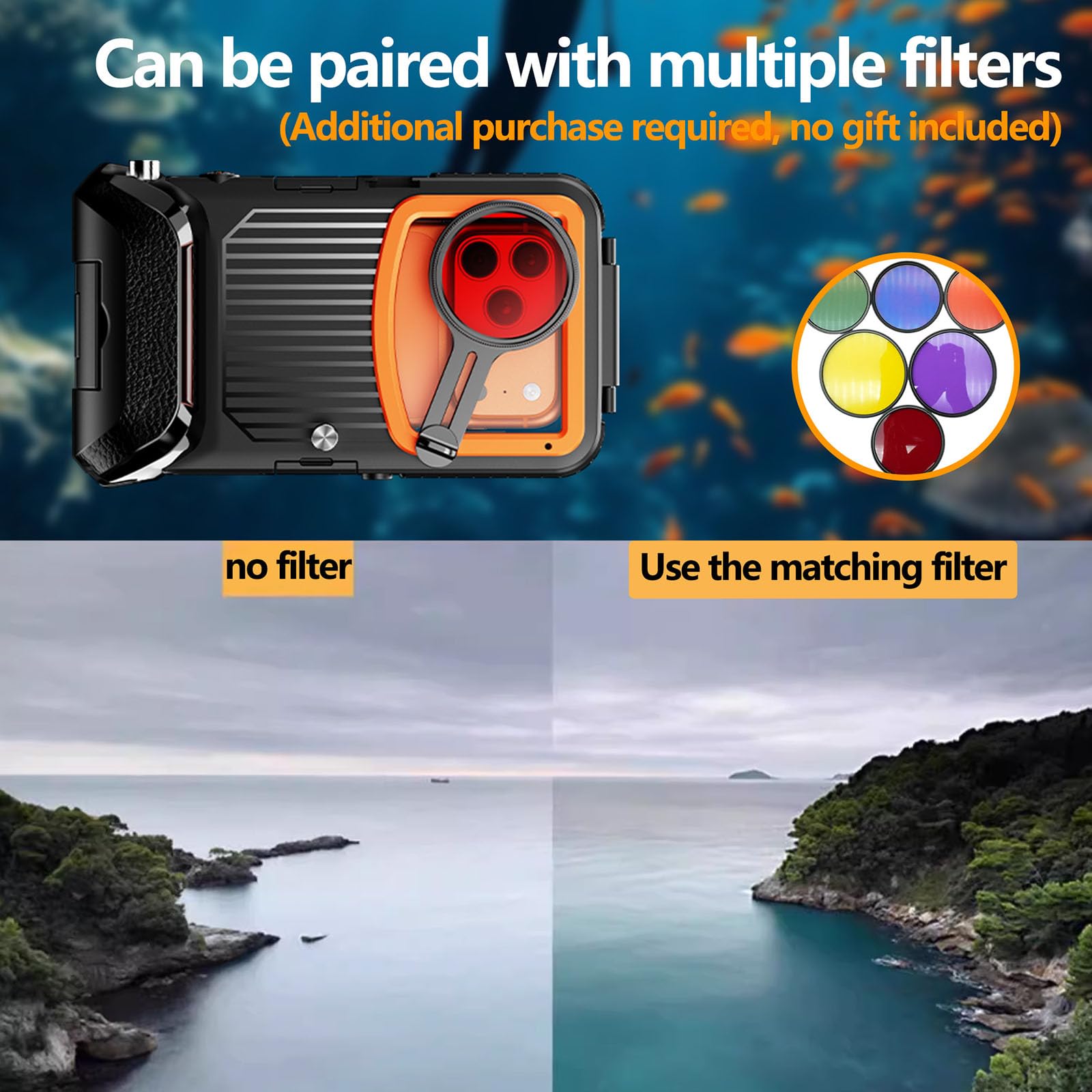 Funda de teléfono de color brillante con cierre reforzado y protección contra líquidos que garantiza una acción segura bajo el agua de 50 pies durante actividades marinas buceando