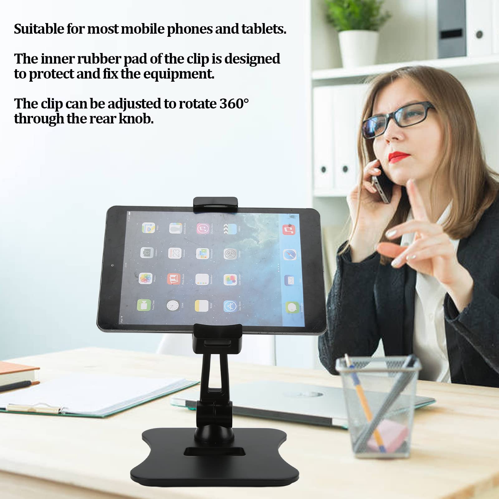 Cyrank Supporto per Tablet, Supporto per Tablet Pieghevole in Alluminio Girevole a 360° Base Resistente Supporto da Tavolo Regolabile per Tavolo da Ufficio