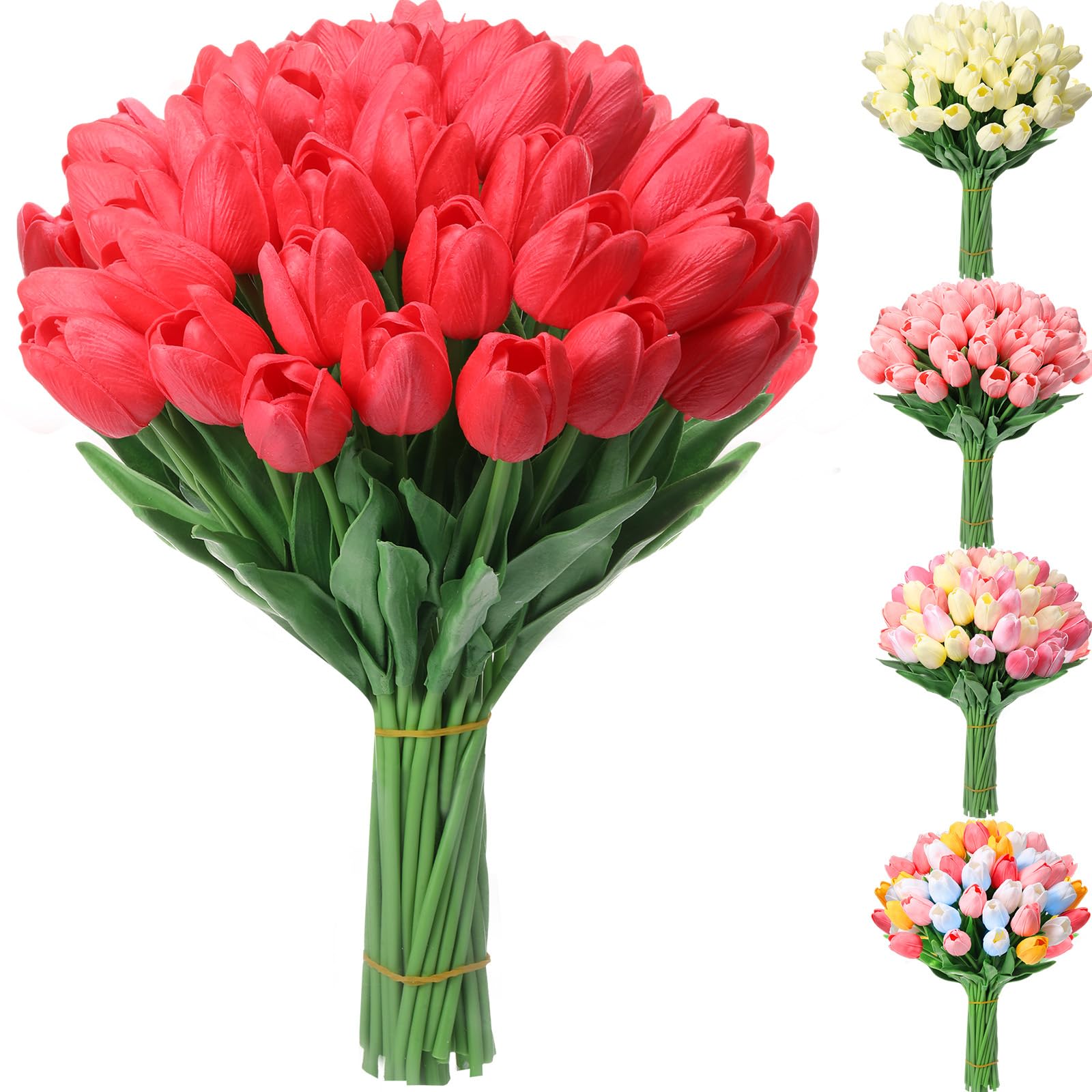 Hotop 40 Pcs Artificial Tulips Faux Tulips PU Real Look Latex Tulip Artificial Plastic Flowers Fake Bouquet for Easter Decoration Spring Dining Table Centerpiece 13" Tall(Red)