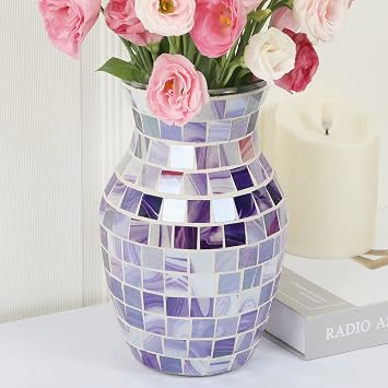 Purple Glass Vase Handmade Mosaic Flower Vase for Home Decor | Lavender Mosaic Design Handmade Glass Craft Fits Dried Flowers, Living Room, Wedding Centerpieces & Elegant Home Styling