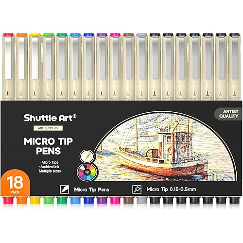 Shuttle Art 18-Pack Micro-line Pens - 11 Waterproof Archival Ink Colors in 0.3MM Felt Tip & 7 Blacks in 0.15-0.5MM For Journaling, Illustrating & Drawing
