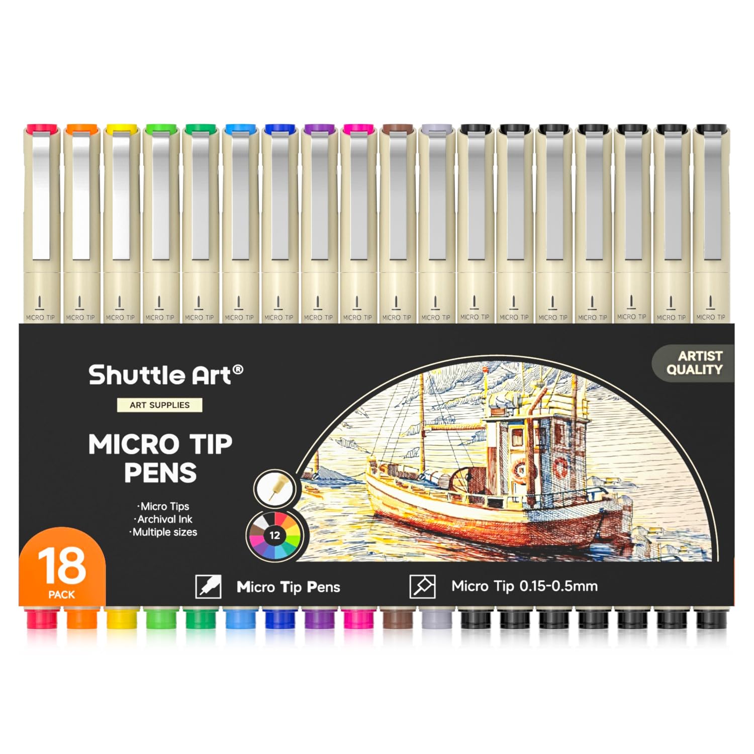 Shuttle Art 18-Pack Micro-line Pens - 11 Waterproof Archival Ink Colors in 0.3MM Felt Tip & 7 Blacks in 0.15-0.5MM For Journaling, Illustrating & DrawingGlobal Recycled StandardGlobal Recycled StandardGlobal Recycled Standard
