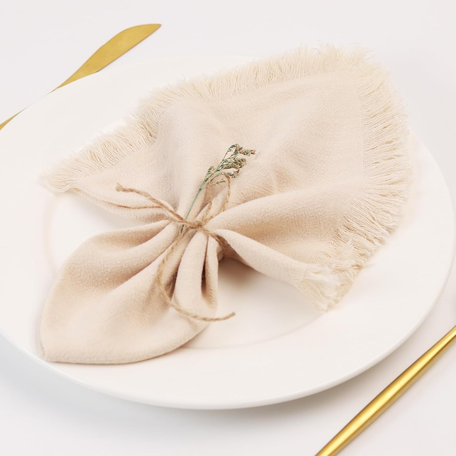 Handmade Cloth Napkins with Fringe,18 x 18 Inches Cotton Linen Napkins Set of 12 Versatile Handmade Square Rustic Fringe Napkins for Dinner, Wedding and Parties, Cream