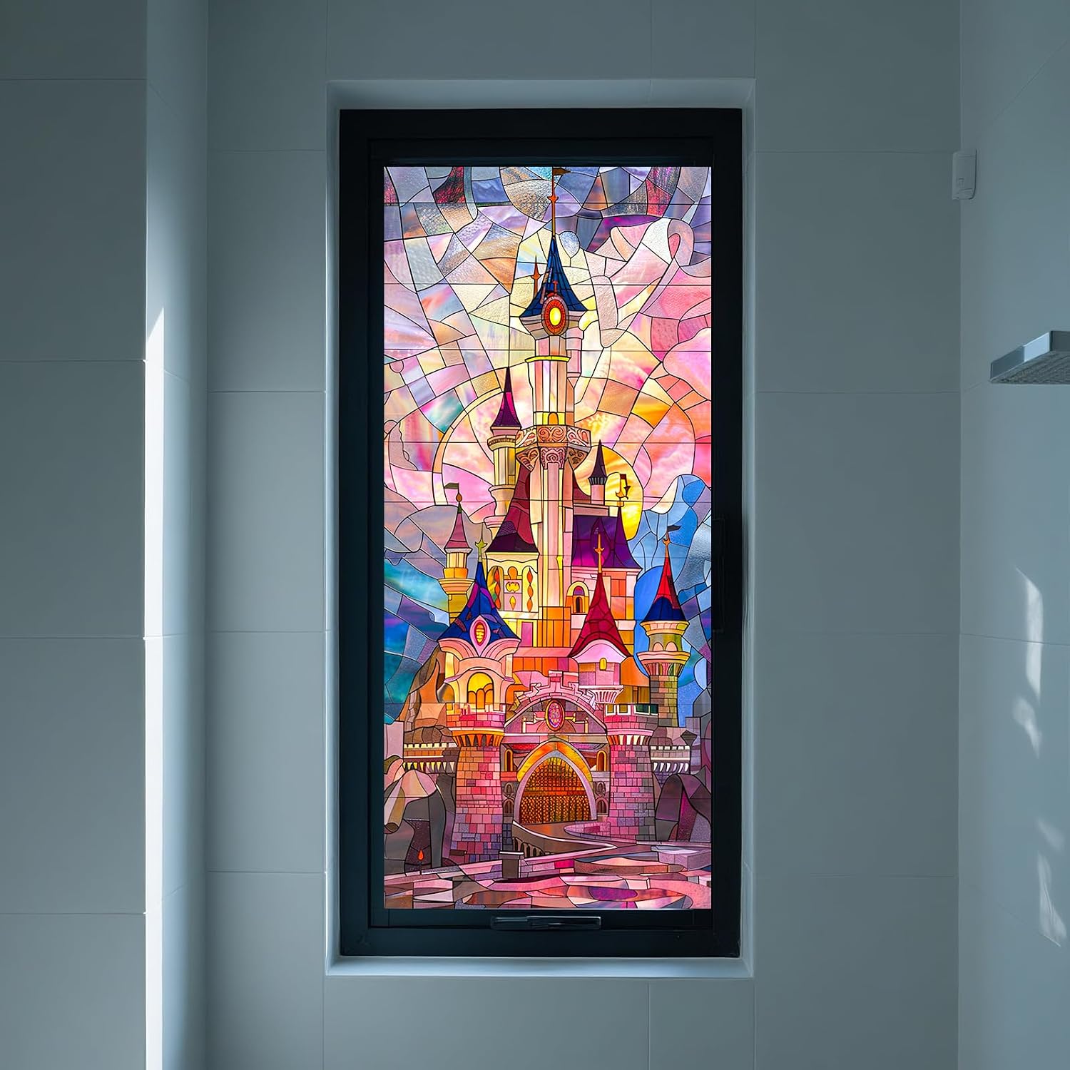IVN Privacy Window Multicolor Fairytale Castle Silhouette Decorative Window Cling Stained Glass Style Static Cling Glass Sticker for Bathroom Entryway Kitchen Door Panel 17.7 x 39.3 Inch