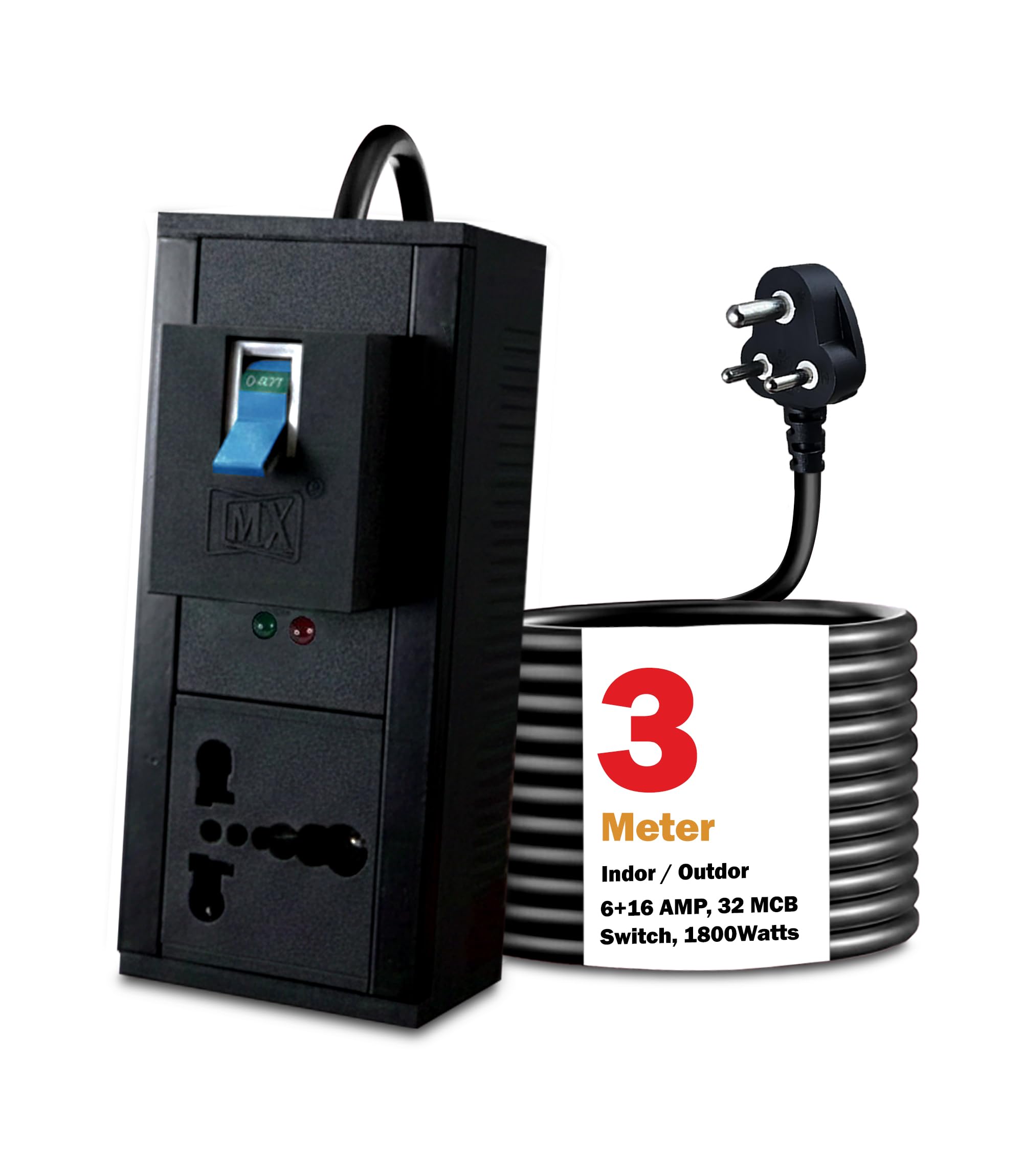 MX 16 amp Extension Cord Single Socket Extension Board 6amp - 16amp to 5amp Plug Heavy Duty Power Cord 3 Meter (1800W) with 32amp MCB Switch (0.75 Sq.mm ISI Marked) AC Line Fault Detector-picture-34