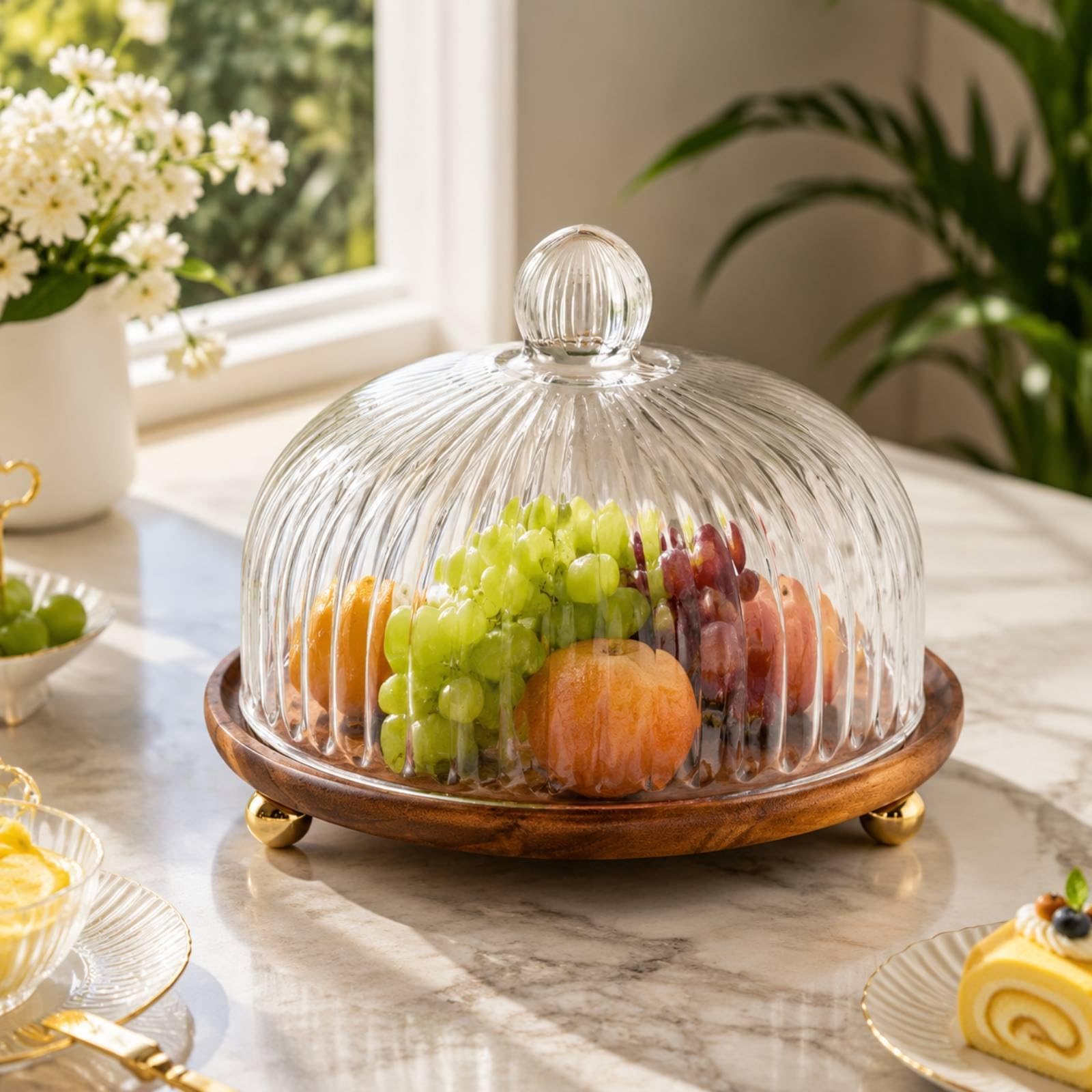 Cloche à Gâteau Polyvalent Plateau à Desser sur Pieds Dôme Traparent Aliment Présentoir à Gâteaux Cvercle, M