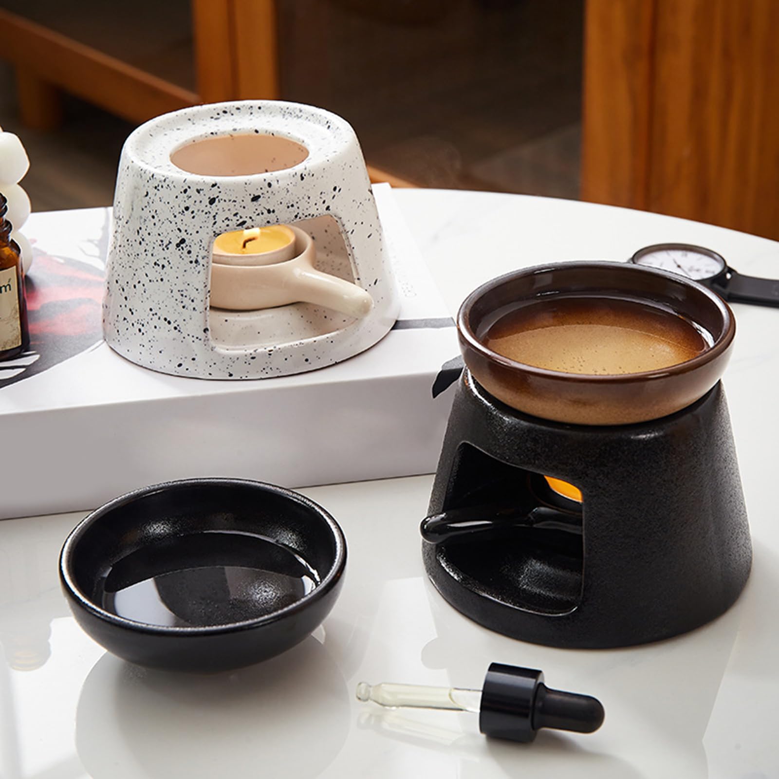 Aromatherapie-Brenner, Aromatherapie-Diffusor mit Teelichthalter, Löffel for Zuhause oder das Büro, Keramik, Teetassenwärmer(Black)