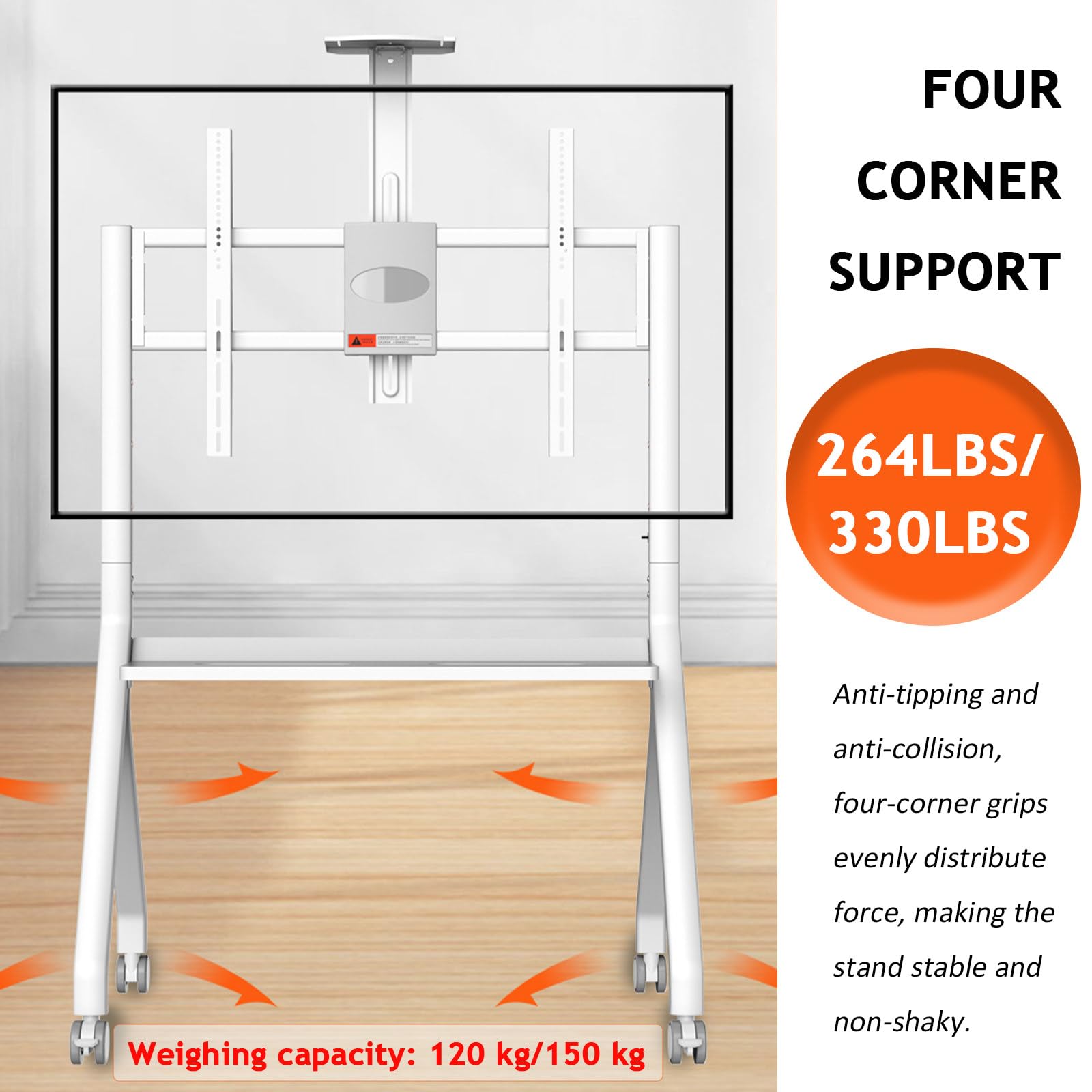 Soporte móvil para TV con ruedas, carrito rodante con altura ajustable, soporte de TV para televisores LED/LCD/OLED de 42 a 120 pulgadas, soporta hasta 150 kg, perfecto para el hogar u oficina