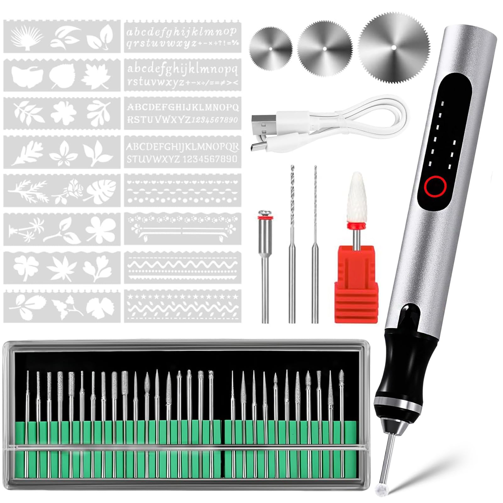 Cordless Engraving Pen, 3-Speed Electric Engraving Tool Kit, Engrave 50+ Surfaces, with 30 Small Drill bits, 5 Grinding Accessories and 16 Engraving Templates, USB Charging for Soft Wood Resin Stone J