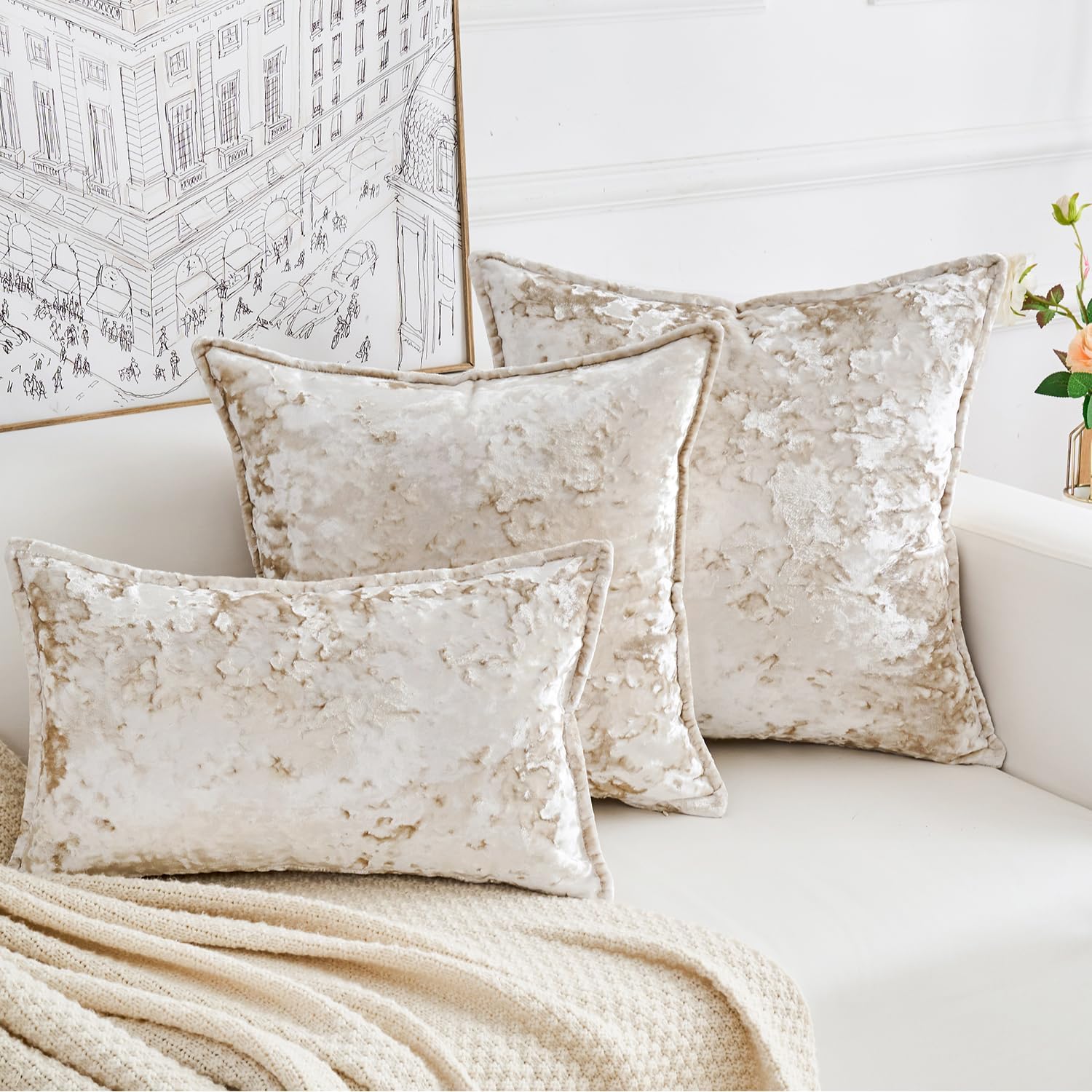 Premium Series, Crushed Velvet Throw Pillow Covers, Luxury Thick Cushion Cases for Home Decor, Cream White, 18x18 Inch, Covers Only