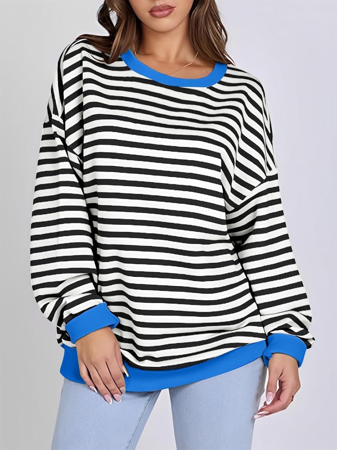 Sweaters for Women Casual Long Sleeve Crewneck Striped Color Block Shirts Knit Pullover Sweater Tops - Image 3
