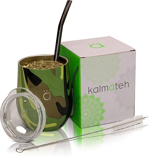 Kalmateh Yerba Mate Gourd - Acero inoxidable de doble pared con tapa sin BPA, filtro de bombilla y limpiador de bombilla, verde camuflaje, 8 onzas
