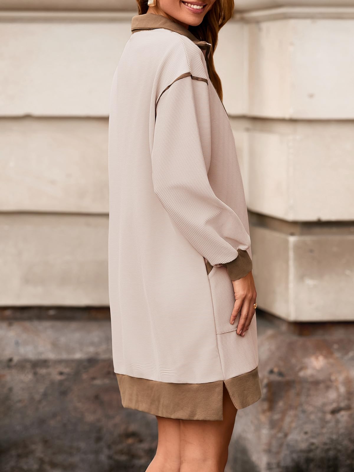 Wenrine Mini robe sweat-shirt surdimensionnée pour femme, demi-fermeture éclair, col en V, manches longues, contrastée, décontractée, pour l'automne