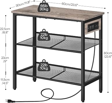 HOOBRO End Table, 3-Tier Narrow Side Table with Charging Station, Nightstand with 2 Flat or Slant Adjustable Shelves for Small Spaces, Living Room, Bedroom, Greige and Black BG23UBZ01G1