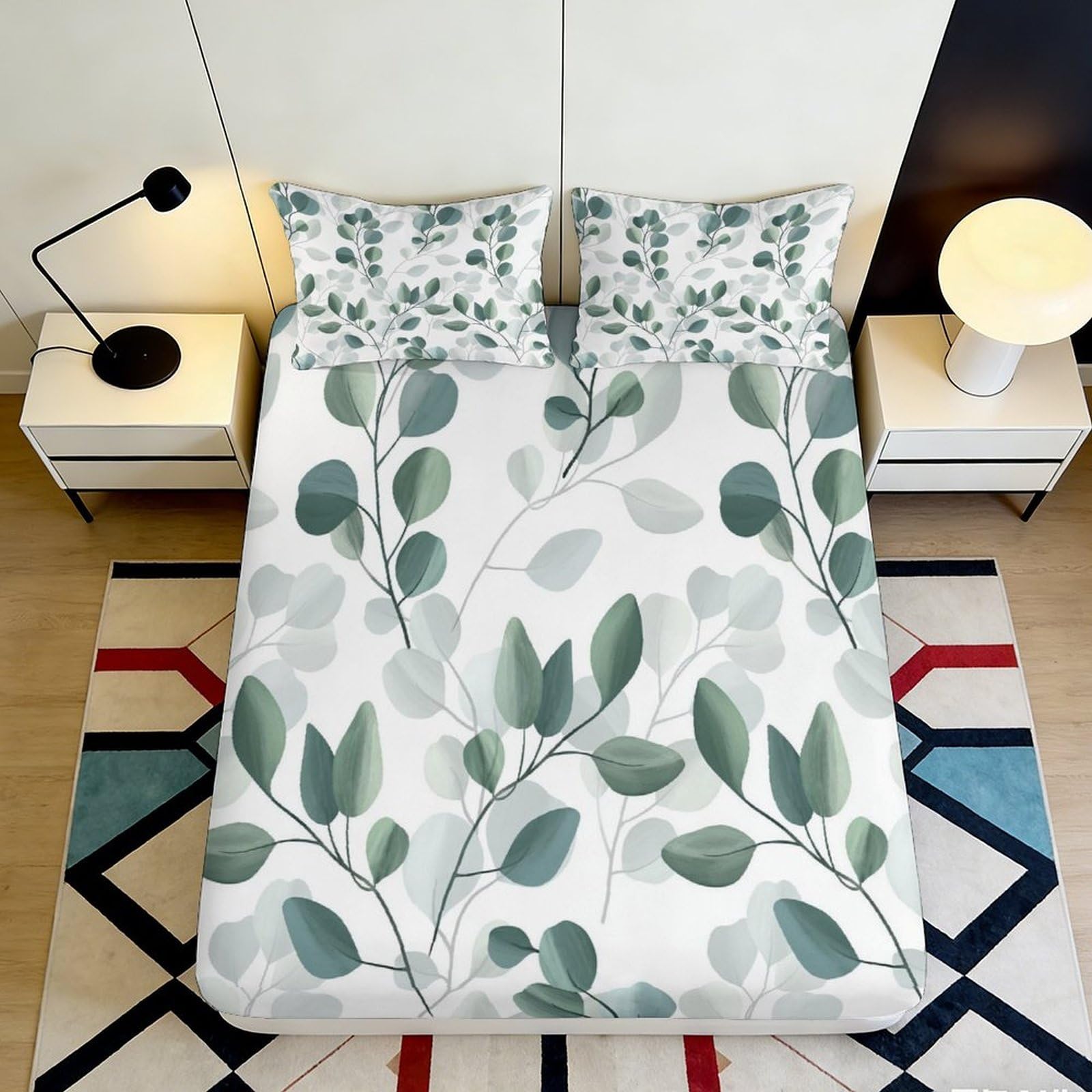 3D Printed Eucalyptus Leaf Fitted Sheet Microfiber Soft Breathable Botanical Green Mattress Cover for Bedroom Dorm Decor 200x200x25cm