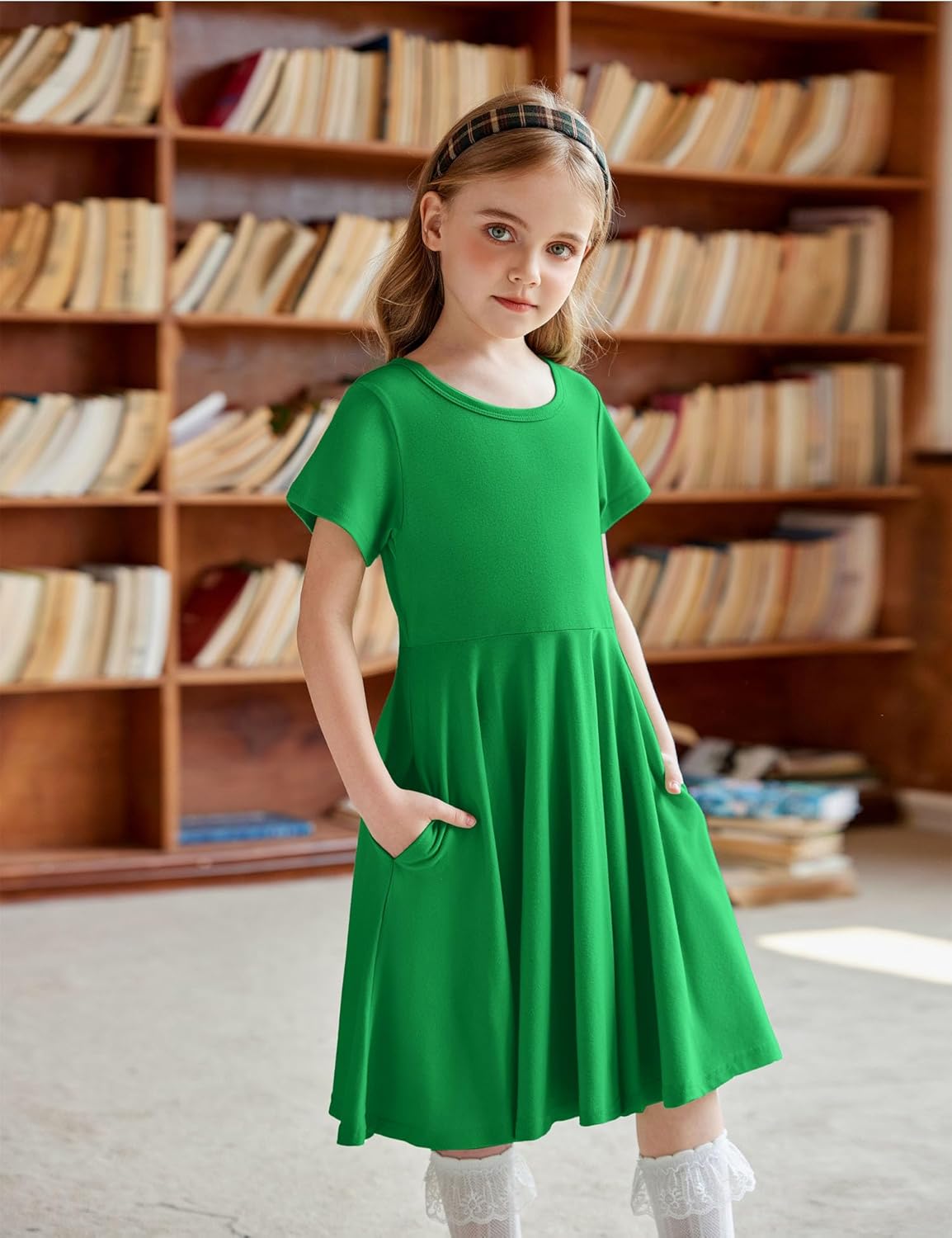 Arshiner Girl's Summer Dresses Short Sleeve Casual Holiday Skater Twirl Dress with Pockets - Image 6