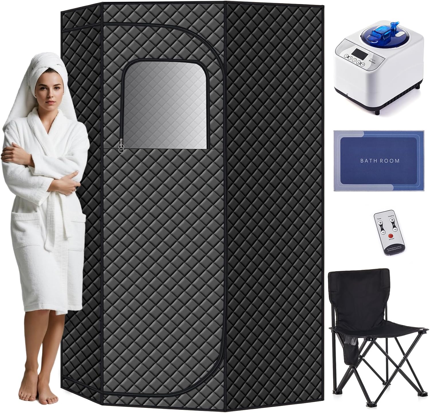 Durable and Portable pentagonal (46 x46 x67) Home Sauna Tent, Equipped with a Quick Heating steam Room, Remote Control, Folding Chairs, and Floor mats, Suitable for Indoor and Outdoor Relaxation